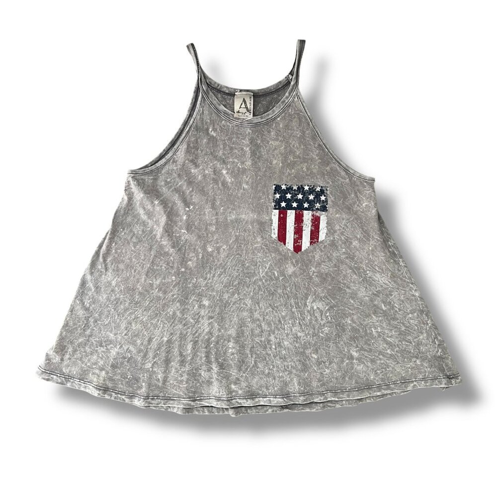 American Rag Tank Top Women XS Gray Tie Dye American Flag Flowy Patriotic Summer